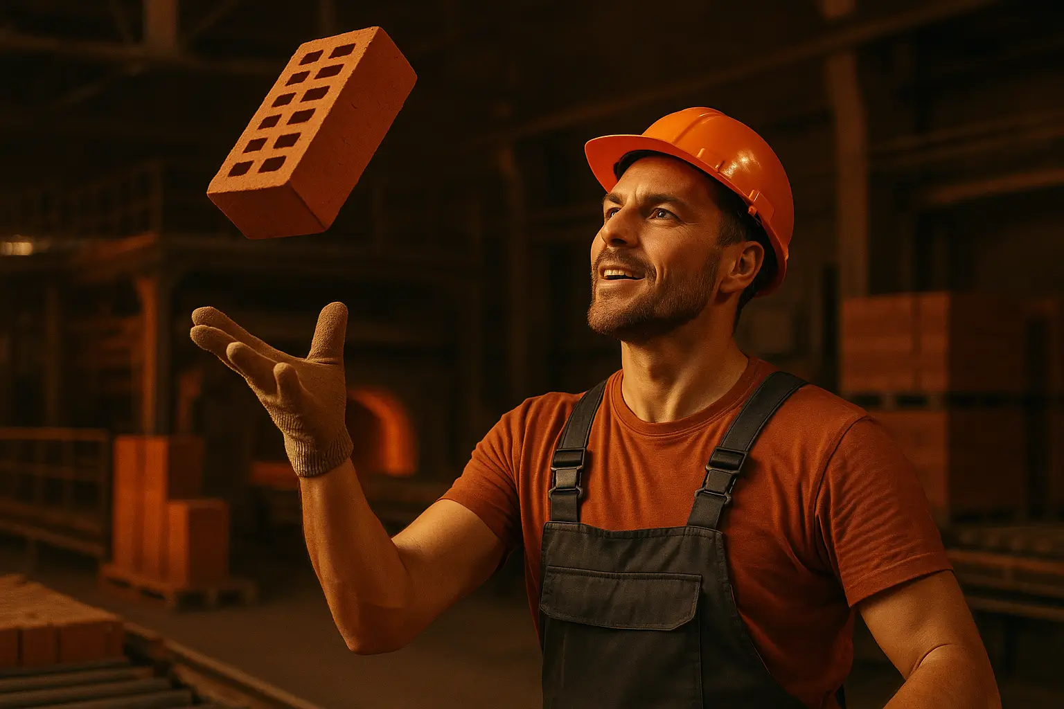 рабочий подбрасывает кирпич для проверки прочности