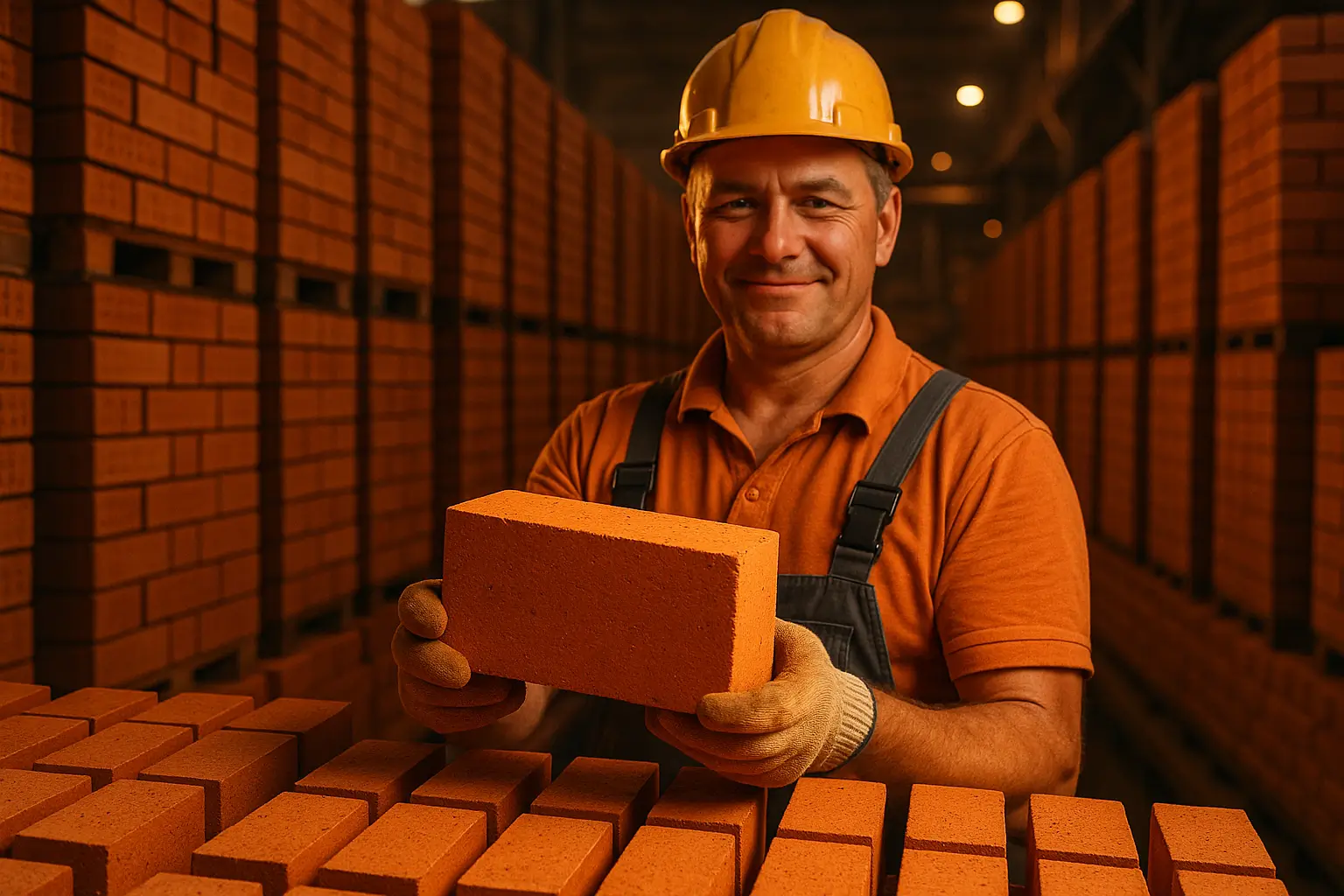 керамический кирпич на фоне склада с продукцией