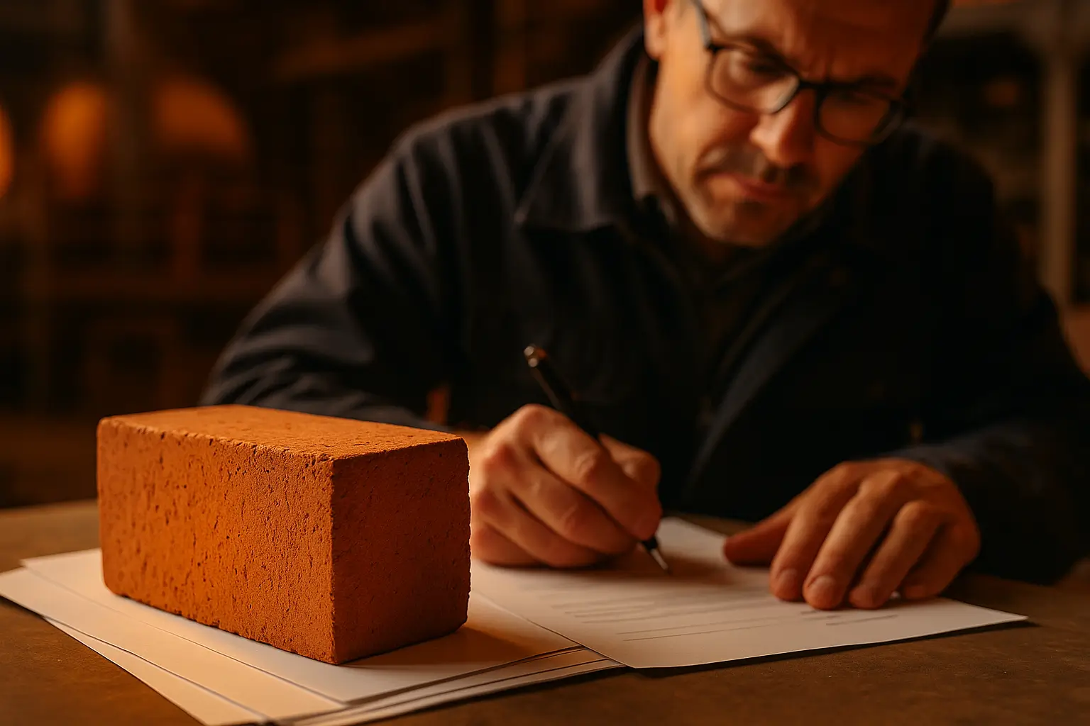 технолог подписывает документы по качеству кирпича