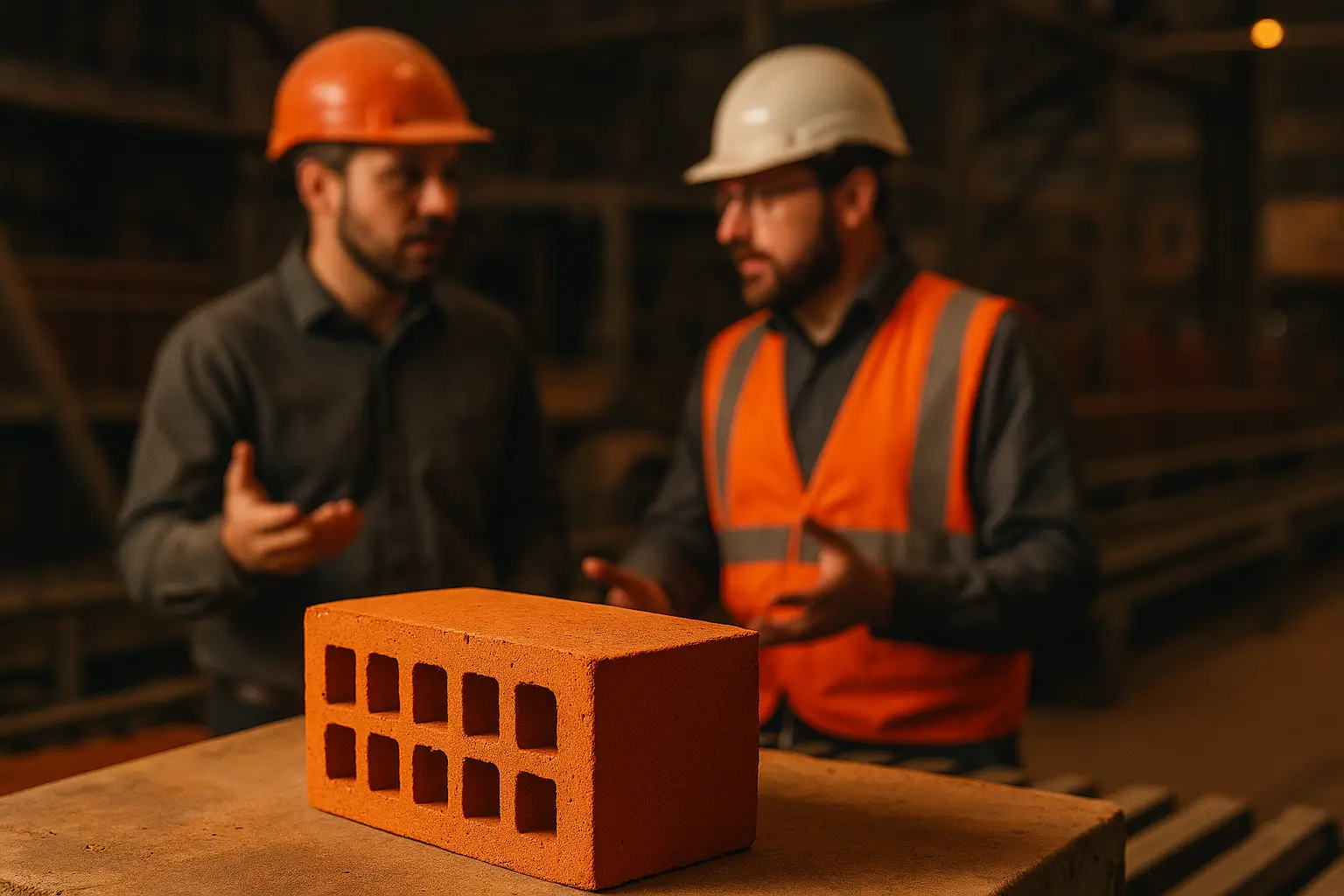 кирпич крупным планом и рабочие обсуждают процесс на фоне