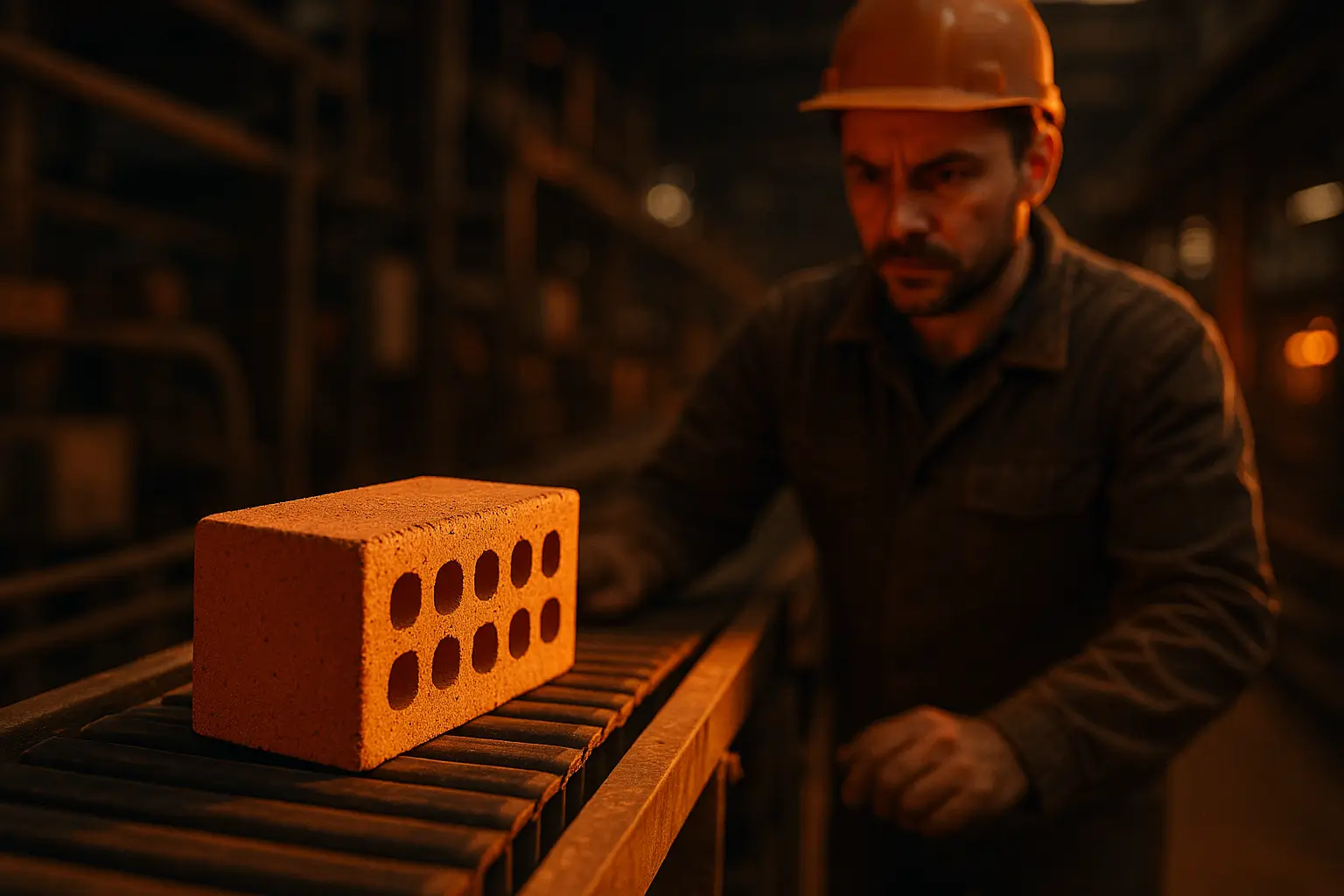 кирпич едет по производственной ленте на заводе