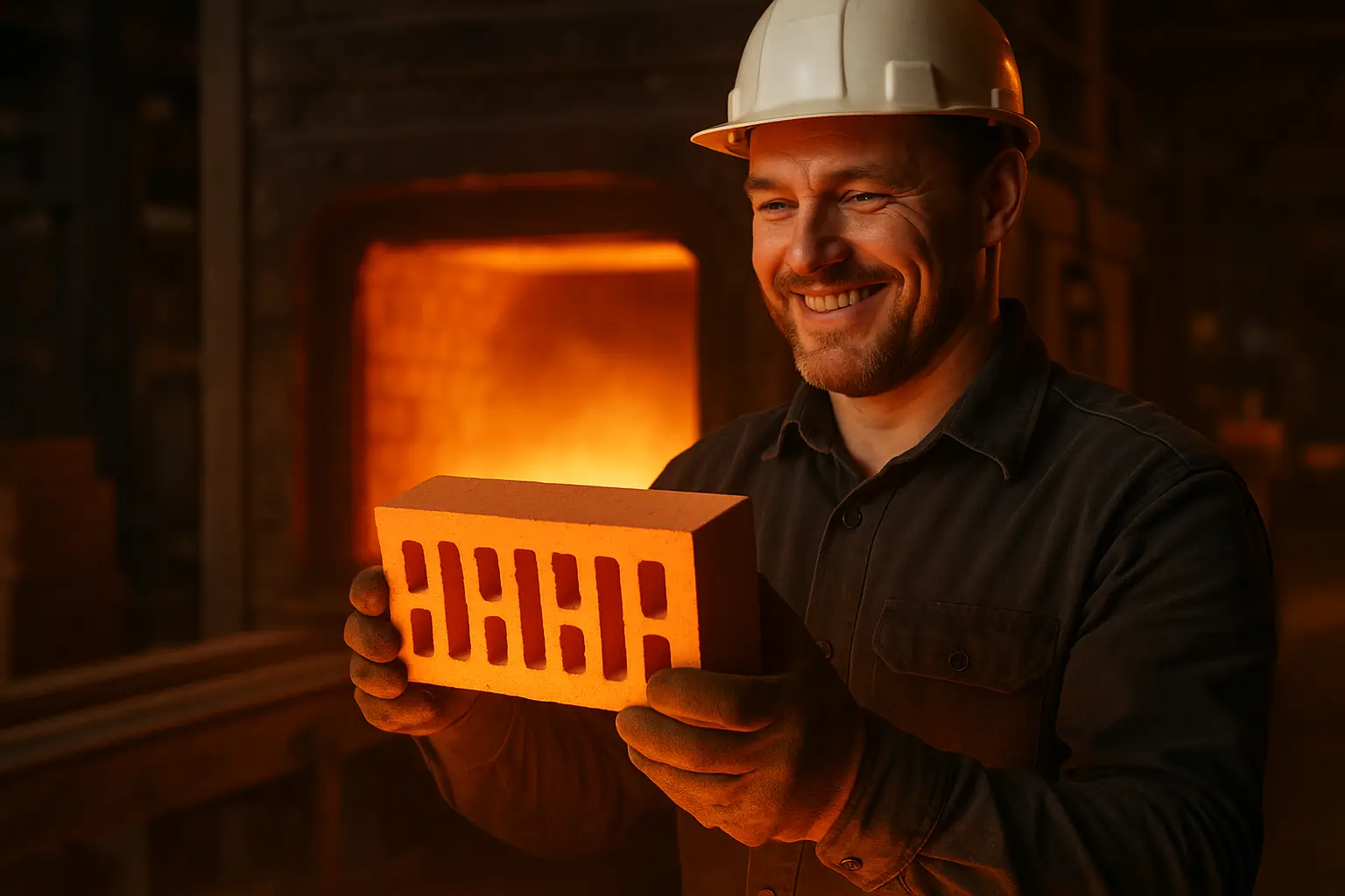 технолог показывает кирпич на фоне печи