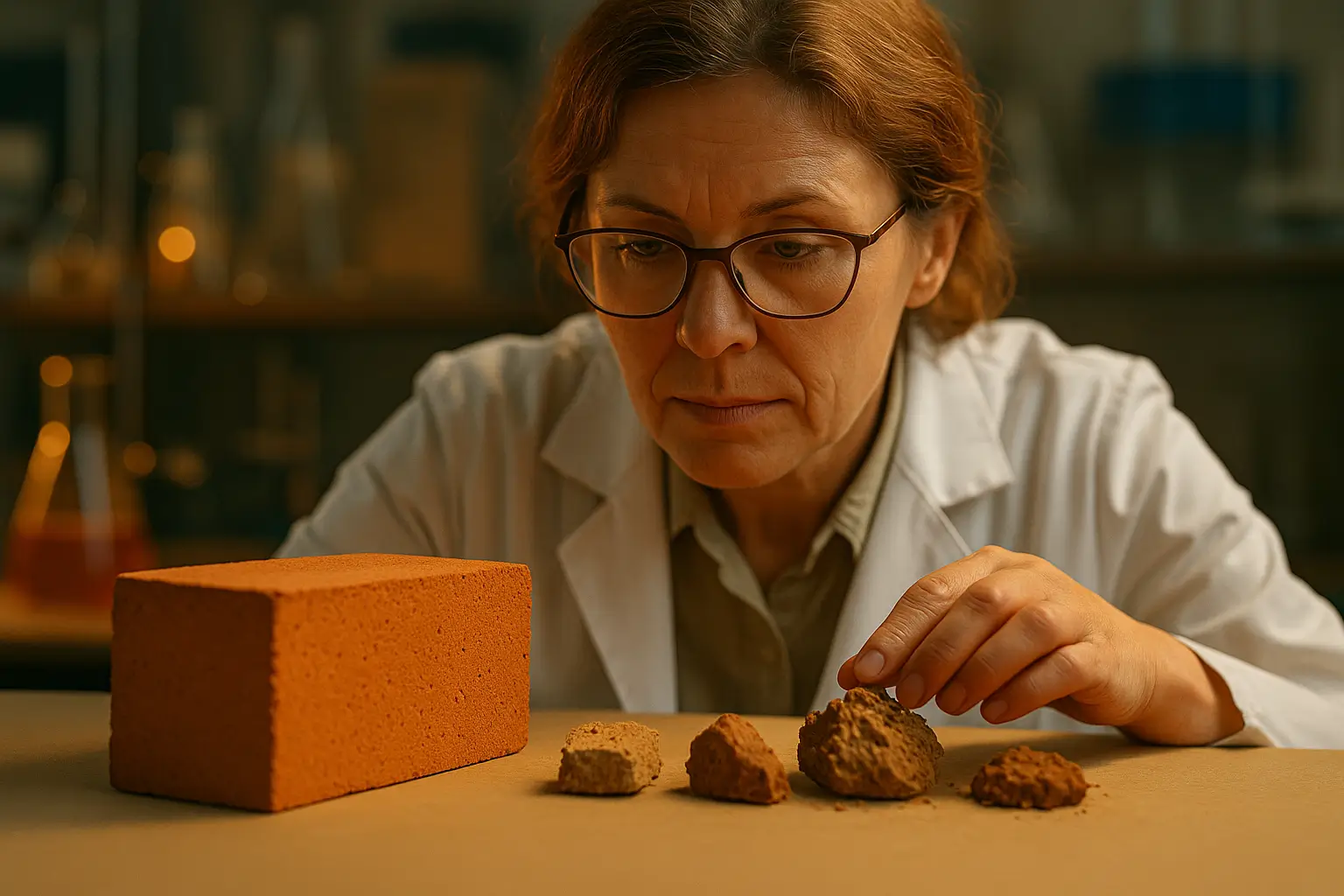 кирпич и образцы глины на столе