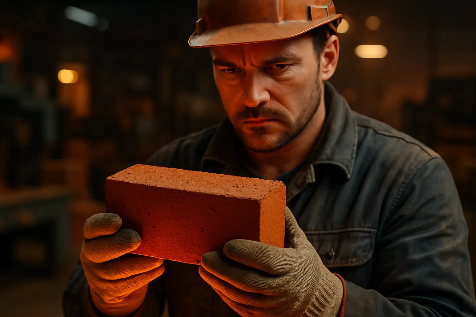рабочий держит керамический кирпич крупным планом